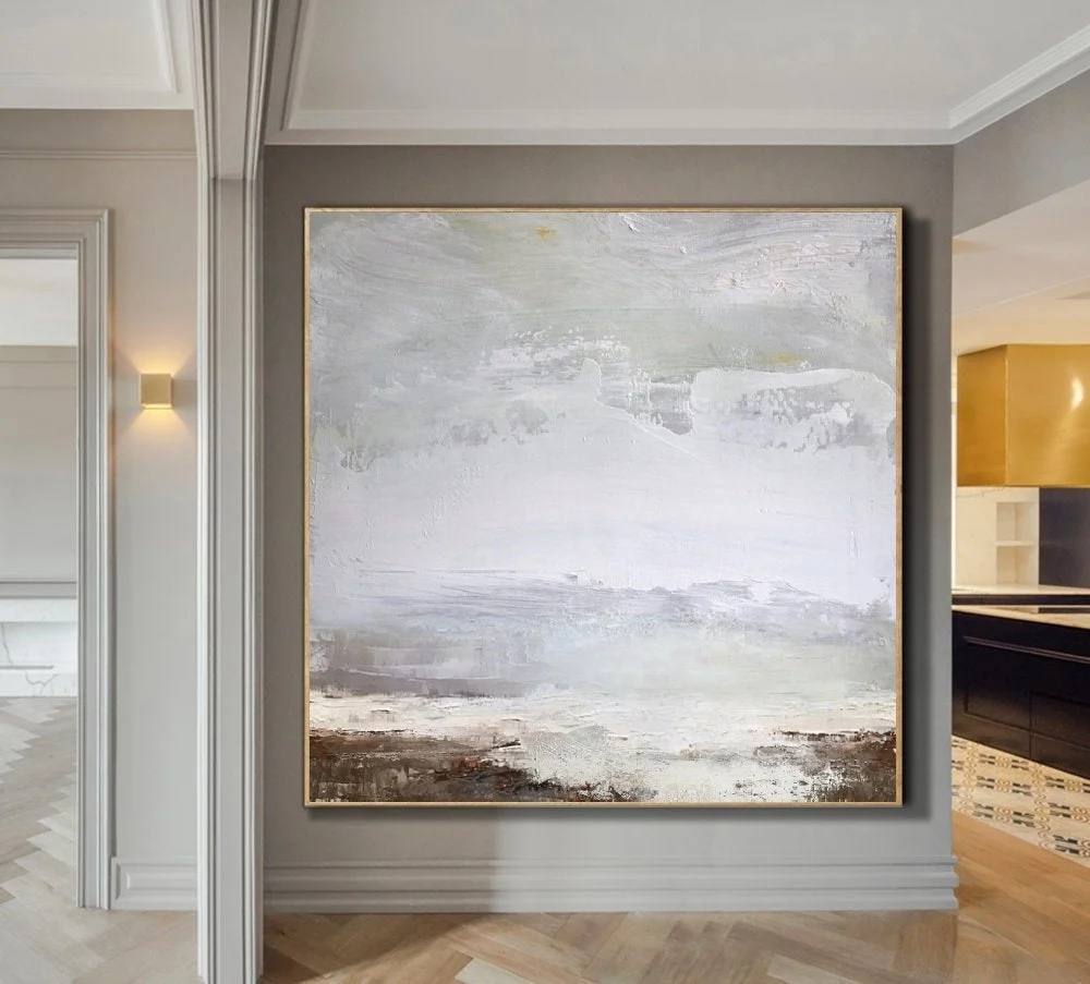 White Handmade Hand-painted Sky Neutral Landscape Abstract Canvas E8N9L